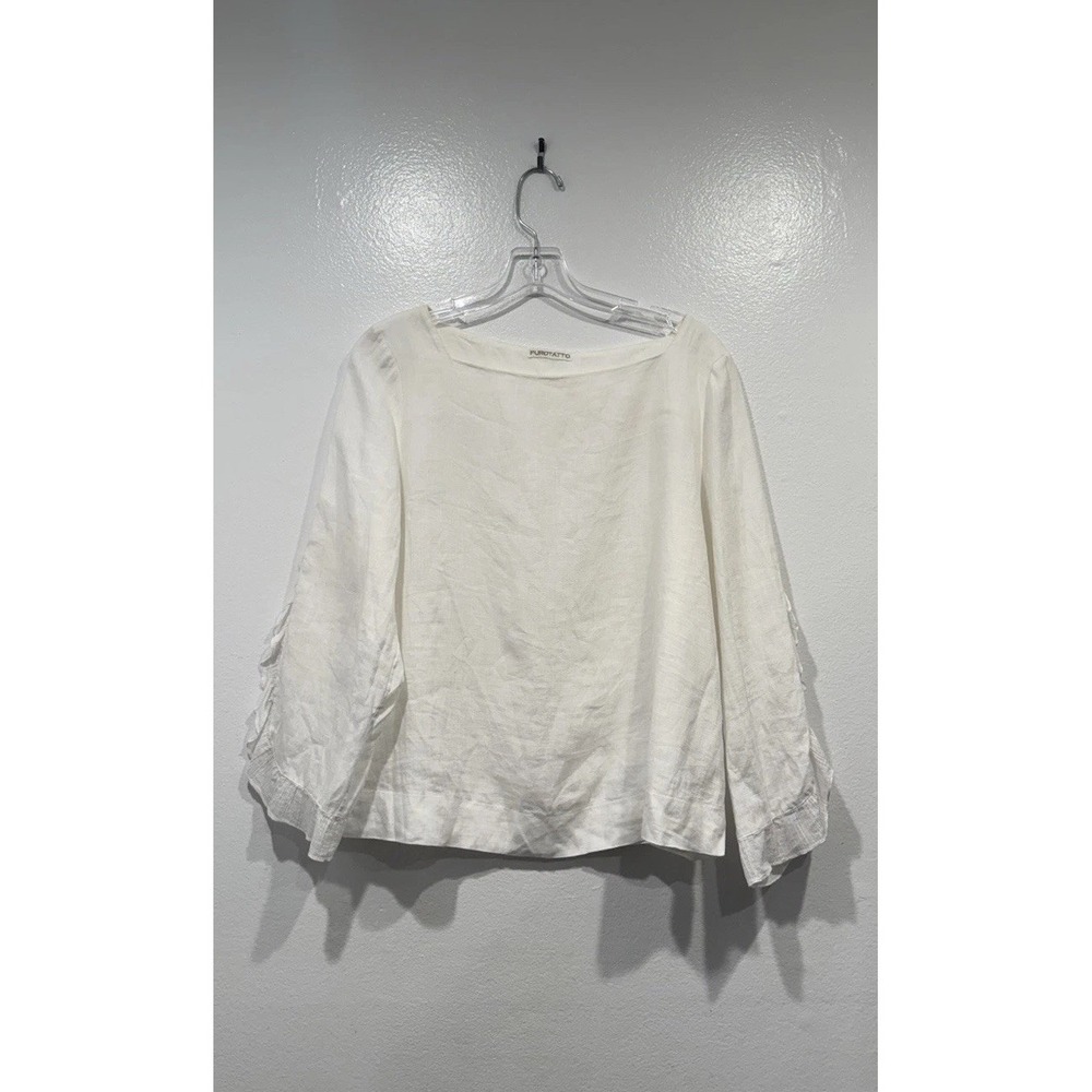 Purotatto Linen Top Womens Large White Coastal Ruffle Slit Sleeve Minimalist